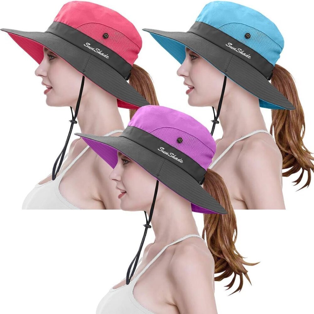 Women's Packable Wide Brim Sun Hat UV Protection Ponytail Beach Cap